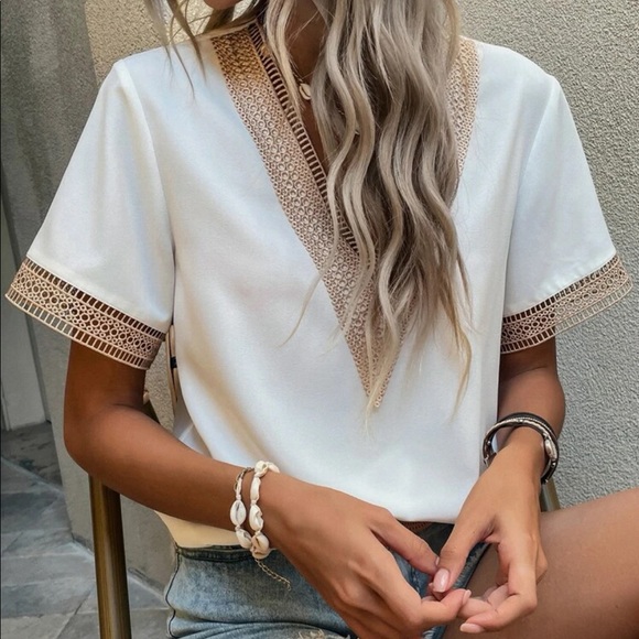 Bohemian White V neck Crochet Lace Blouse Top XS S M L XL - Picture 5 of 6